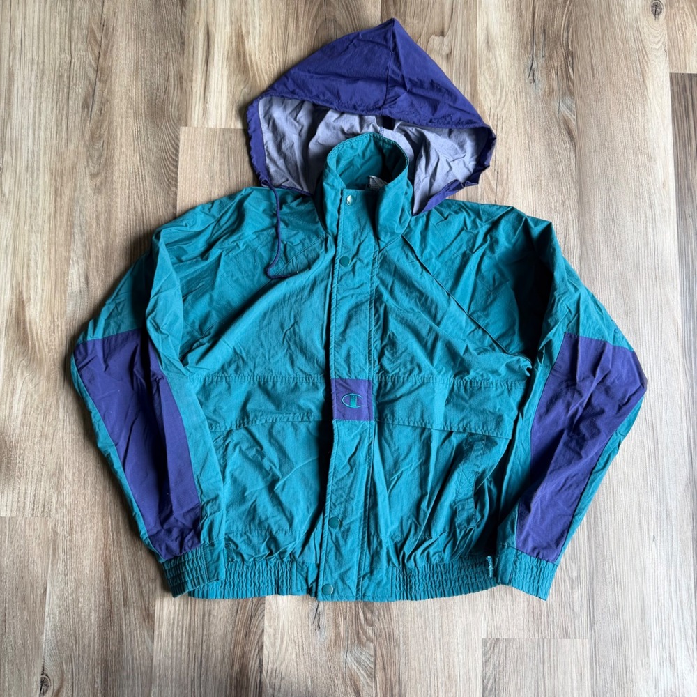 Vintage‎ Champion Windbreaker Jacket Teal Purple Colorblock Nylon Mesh Lined S